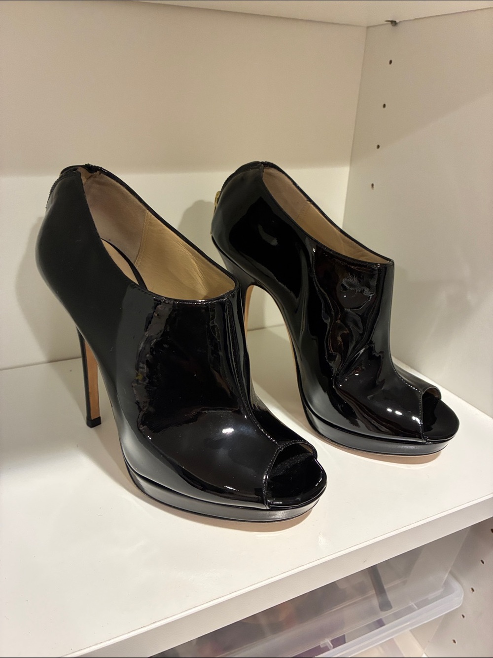 Black Patent Jimmy Choo Peep-Toe High Heel Booties